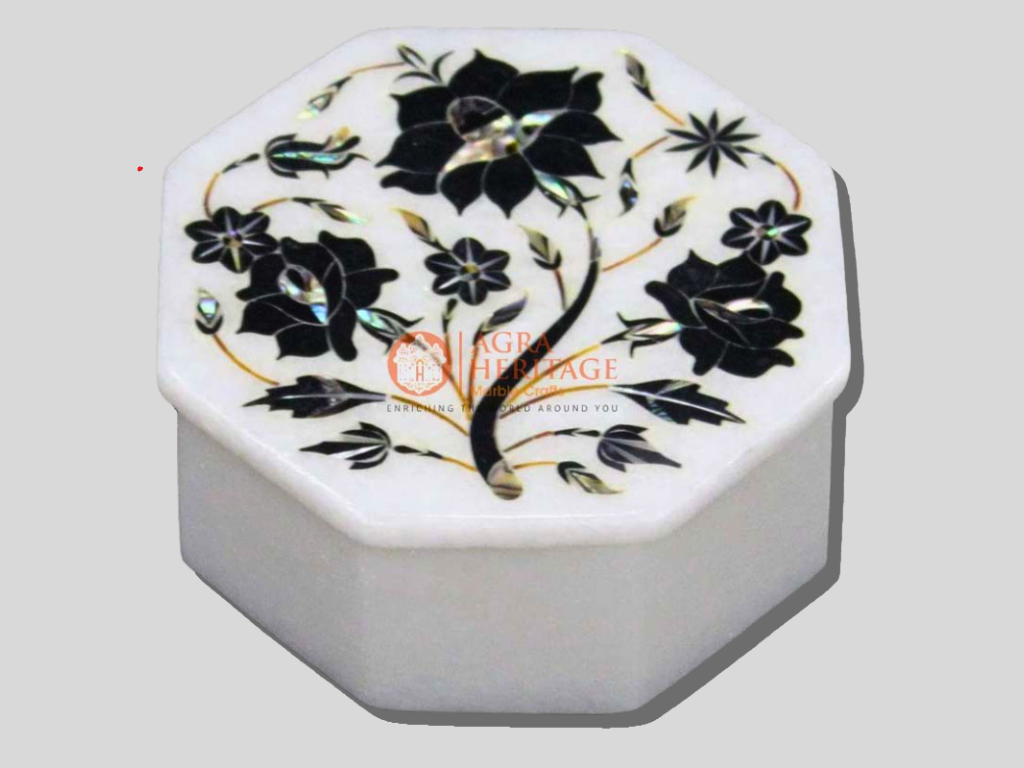 White Marble Jewelry Inlay Box Floral Marquetry Arts